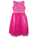 Fuchsia glitter dress for girls displayed upright against a white background, featuring lace bodice and jeweled belt.