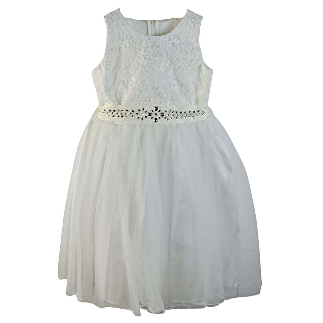 Ivory dress with floral lace bodice and rhinestone belt displayed on a plain background.