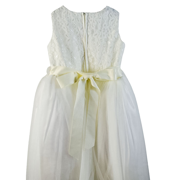 Ivory dress with lace bodice and rhinestone belt displayed on a white background.