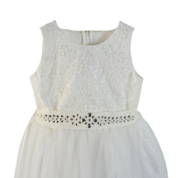 Ivory dress with lace bodice and rhinestone belt, displayed on a plain white background.