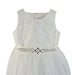 Ivory dress with lace bodice and rhinestone belt, displayed on a plain white background.