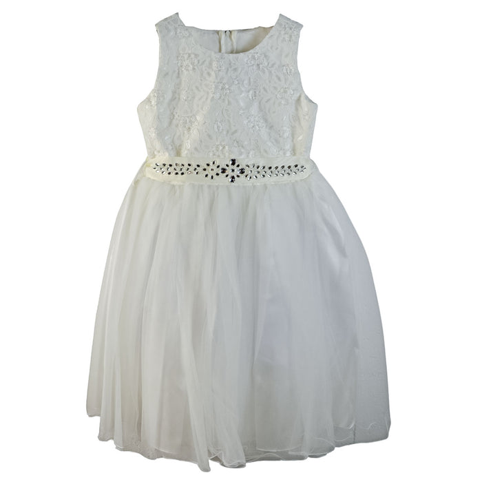 Ivory dress with floral lace bodice and rhinestone belt displayed on a plain background.