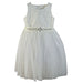 Ivory dress with floral lace bodice and rhinestone belt displayed on a plain background.
