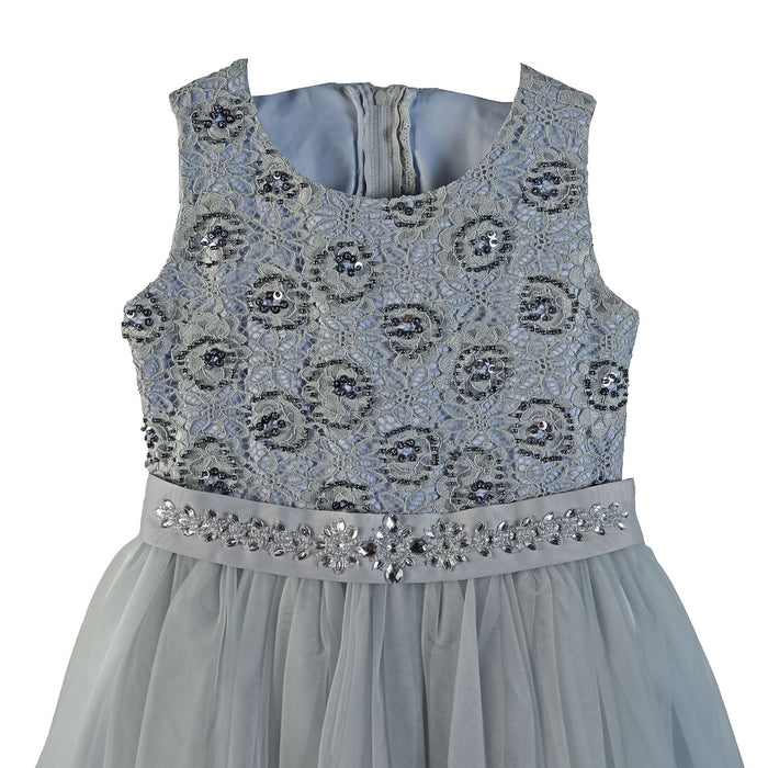 Silver glitter dress for girls with lace floral bodice and jeweled waist, shown on a plain background.