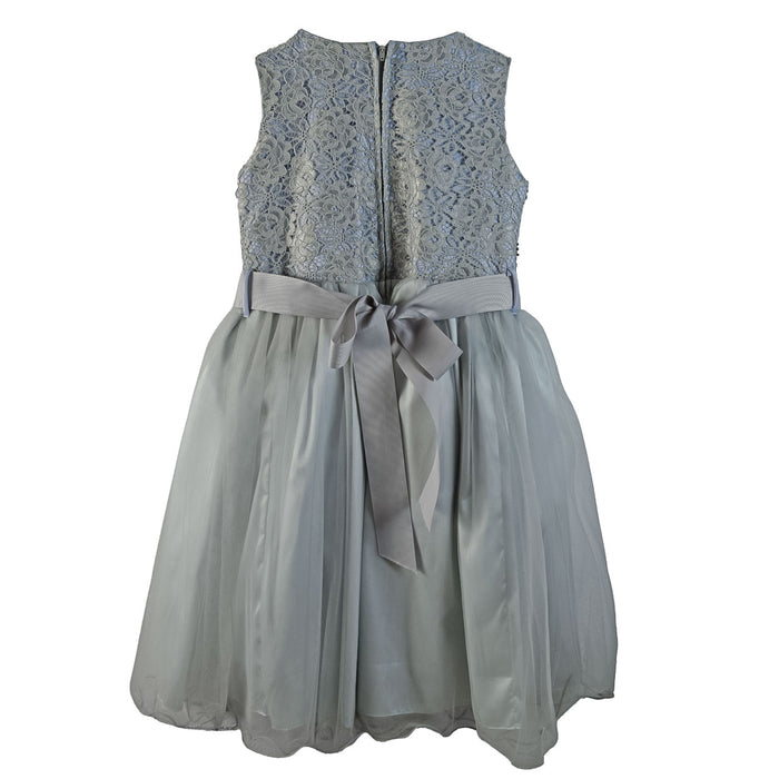 Silver glitter dress with lace bodice and satin bow, shown from the back on a plain background.
