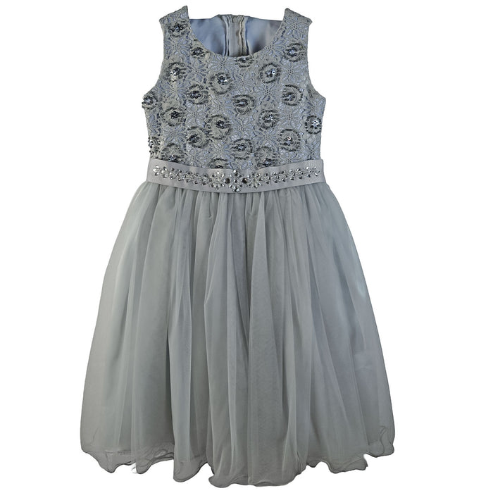 Silver glitter dress for girls with sequin floral bodice and tulle skirt displayed on a white background.