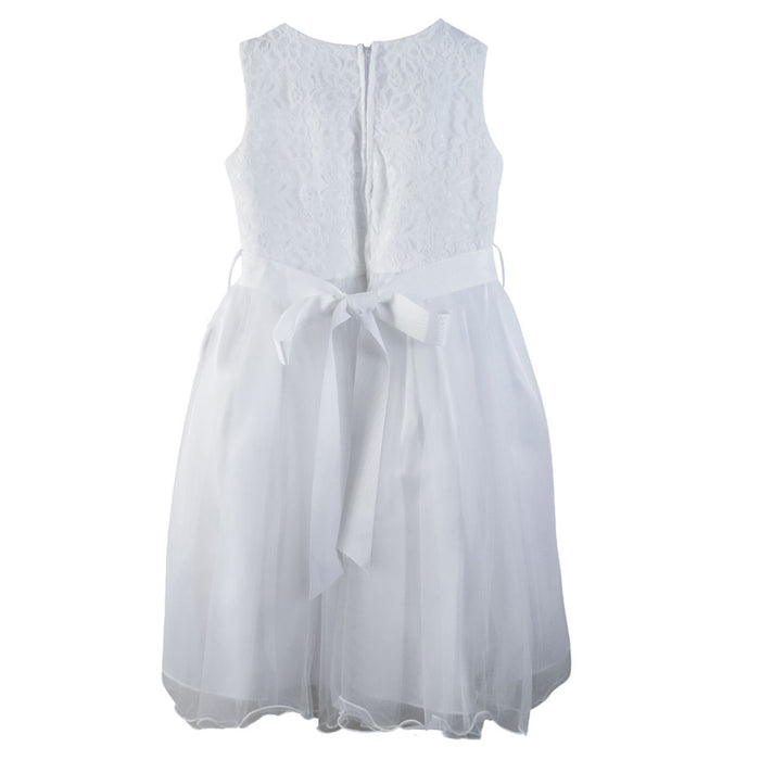 White sleeveless dress with lace bodice and ribbon belt bow, shown from the back on a plain background.
