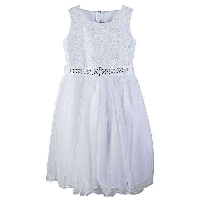 White dress with rhinestone belt and lace bodice displayed on plain background.