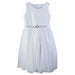 White dress with rhinestone belt and lace bodice displayed on plain background.