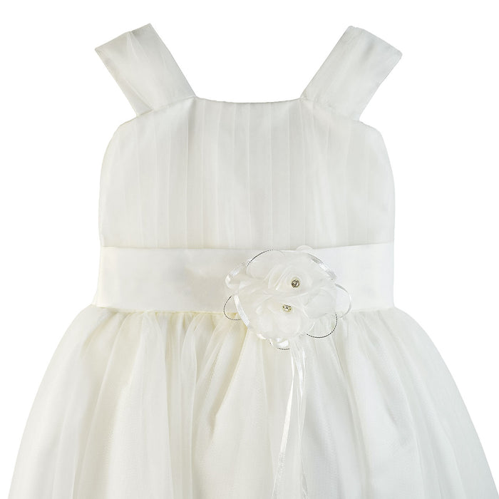 Ivory flower girl dress with tulle skirt and floral sash detail shown on a white background.