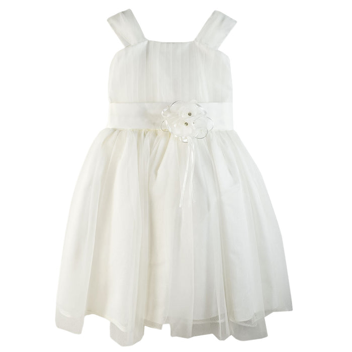 Ivory flower girl dress with tulle skirt and floral sash detail, displayed on a white background.