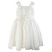 Ivory flower girl dress with tulle skirt and floral sash detail, displayed on a white background.