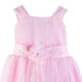 Flower girl dress pink shown close up with floral waistband and sheer fabric details.