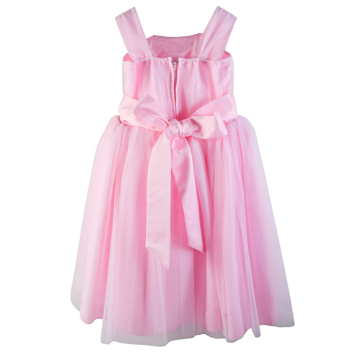 Flower girl dress in light pink with tulle skirt and ribbon bow, displayed on a plain background.
