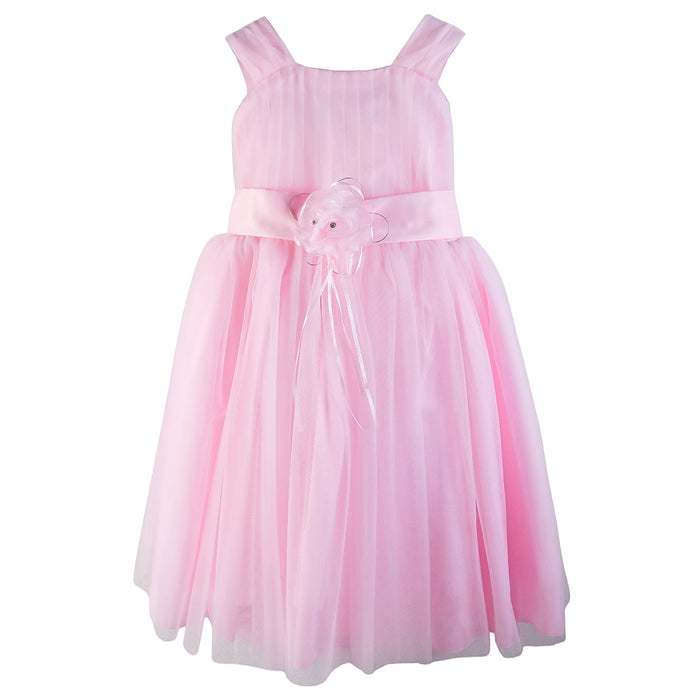 Flower Girl Dress in pink with tulle skirt and floral sash, shown on white background.