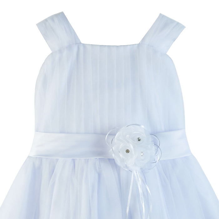 Flower girl dress white with ribbon waist and floral embellishment, shown on a plain background.