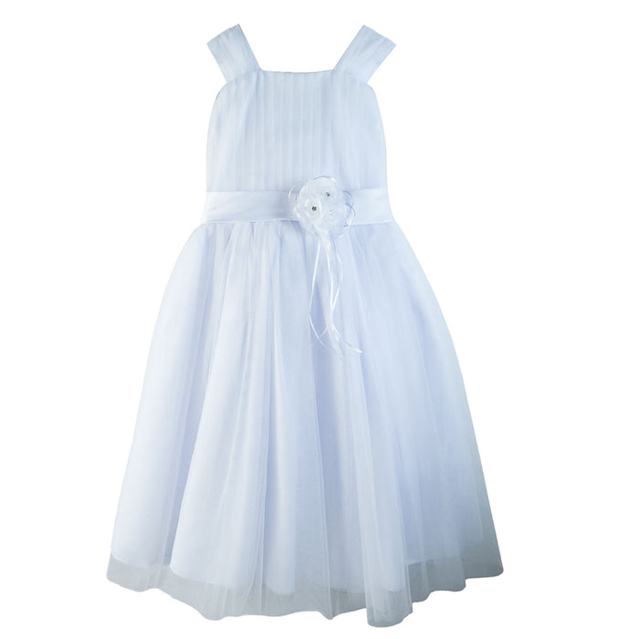 Flower girl dress white sleeveless tulle gown with sash and floral accent on plain background.