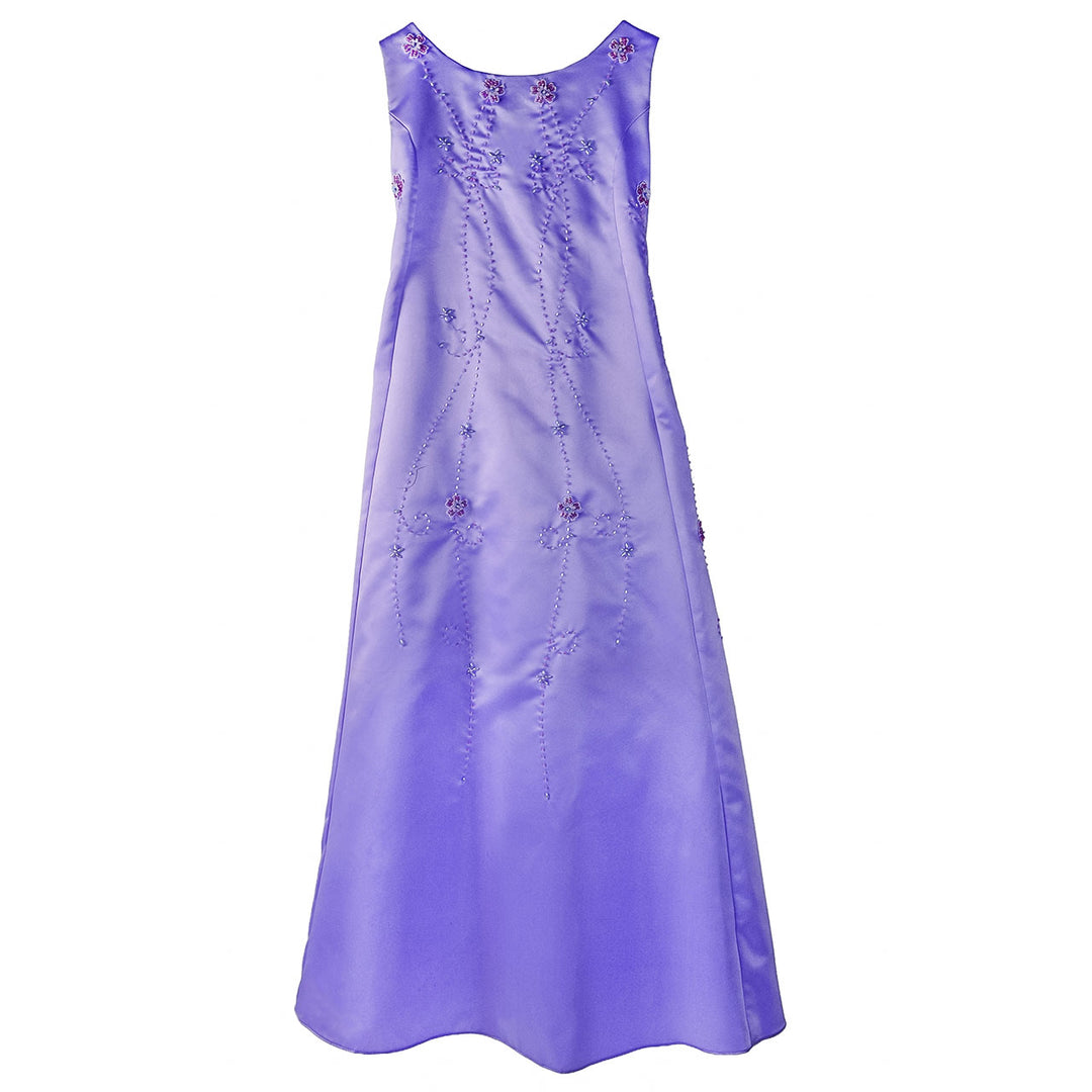 Lilac flower girl party dress displayed on a white background, showing floral embroidery on the back.