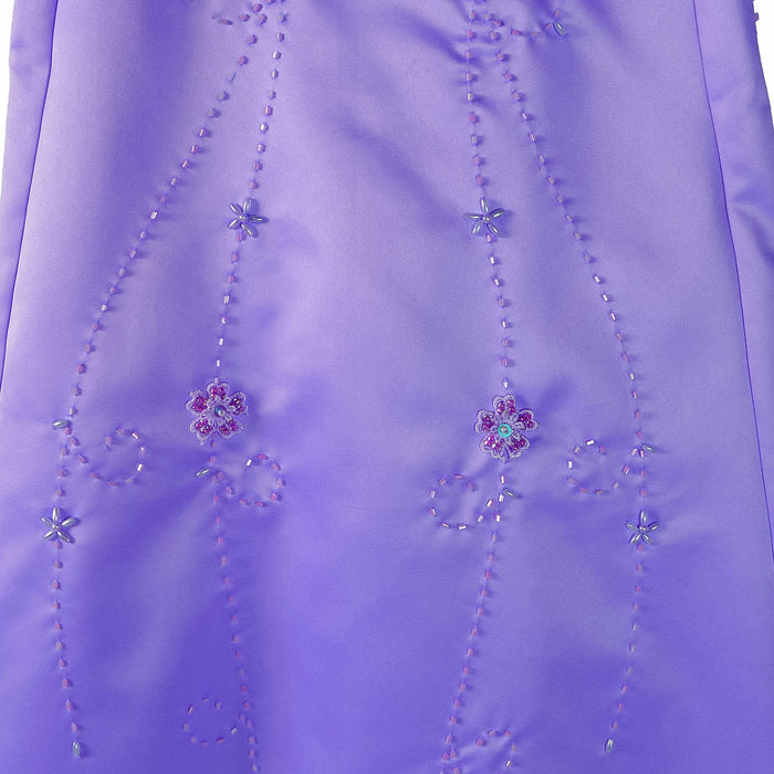 Lilac flower girl party dress with sequin floral embroidery and bead accents, shown close up.