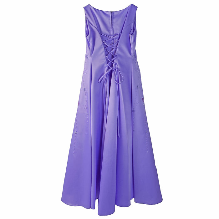 Flower Girl Party Dress in lilac shown from the back with lace-up corset and floral details.