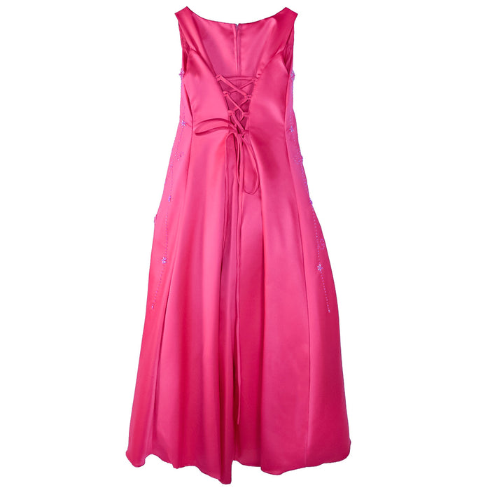 Flower Girl Party Dress magenta shown from the back with lace-up detail and floral embellishments.