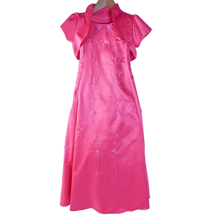 Flower Girl Party Dress magenta with embroidered floral details displayed on hanger.
