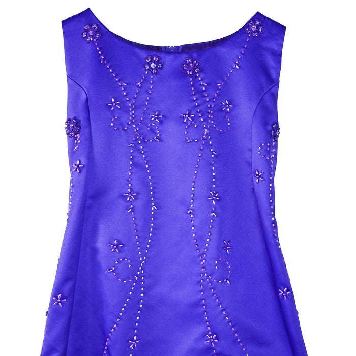 Violet flower girl party dress with floral bead embellishments shown front view on white background.