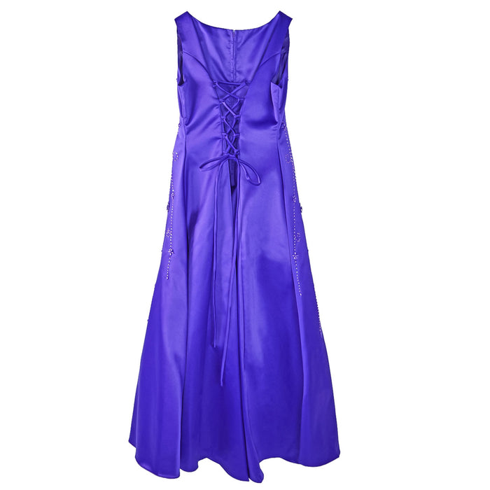 Flower girl party dress in violet shown from the back with lace-up detailing and sleeveless design.