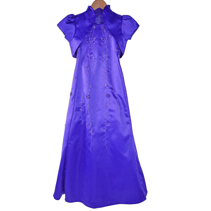 Violet flower girl party dress with short sleeves and embroidered details hanging on a hanger.