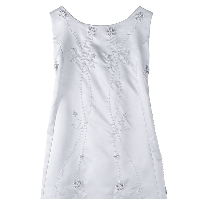 Flower girl party dress white with floral embroidery shown on a plain background.