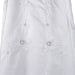 Flower girl party dress with white satin fabric and delicate floral embroidery details shown up close.