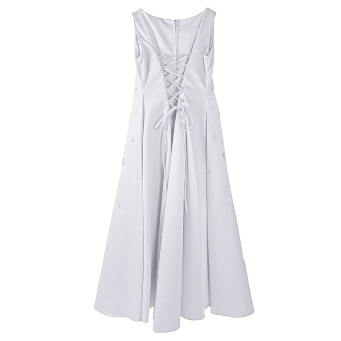 Flower girl party dress in white, shown from the back with lace-up detailing and sleeveless design.