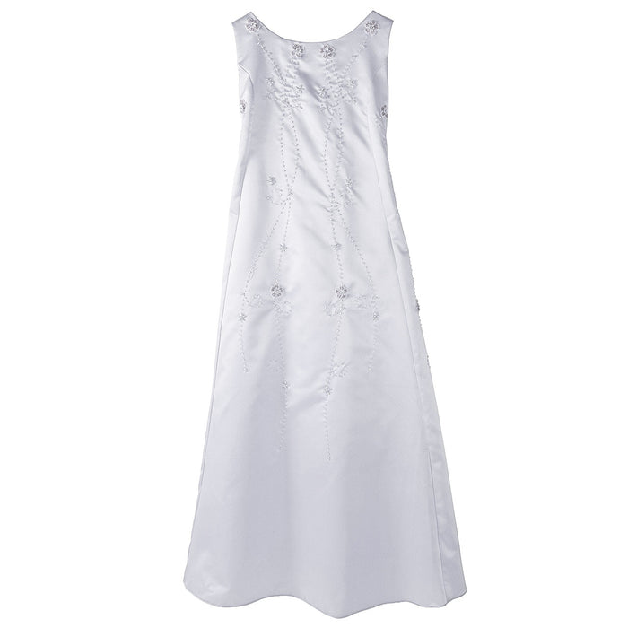 Flower girl party dress in white with floral embroidery displayed on a plain white background.