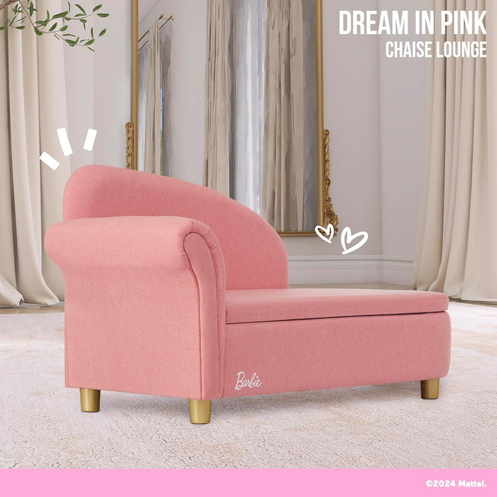 Pink Barbie chaise lounge for kids in a stylish living room, gold legs, decorative mirror.