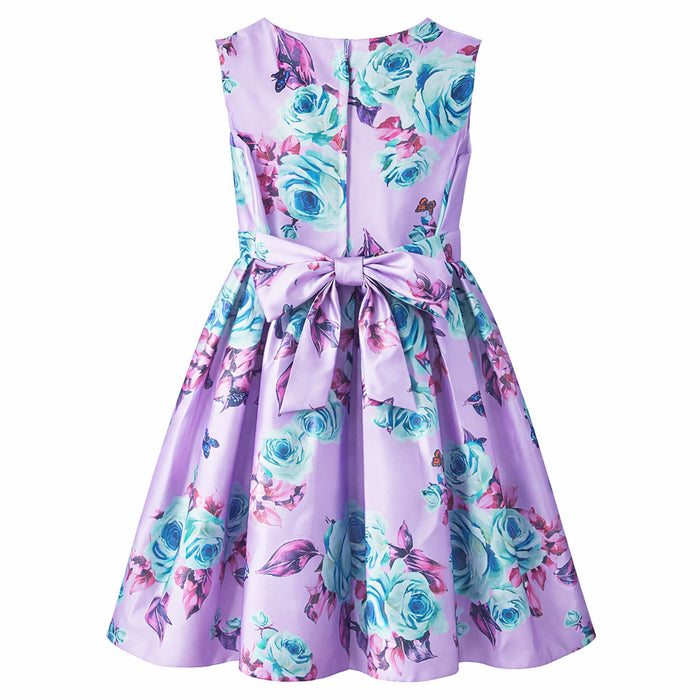 Lilac silky dress for kids with rose and butterfly print, shown from the back with a large bow.