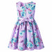 Lilac silky dress for kids with rose and butterfly print, shown from the back with a large bow.