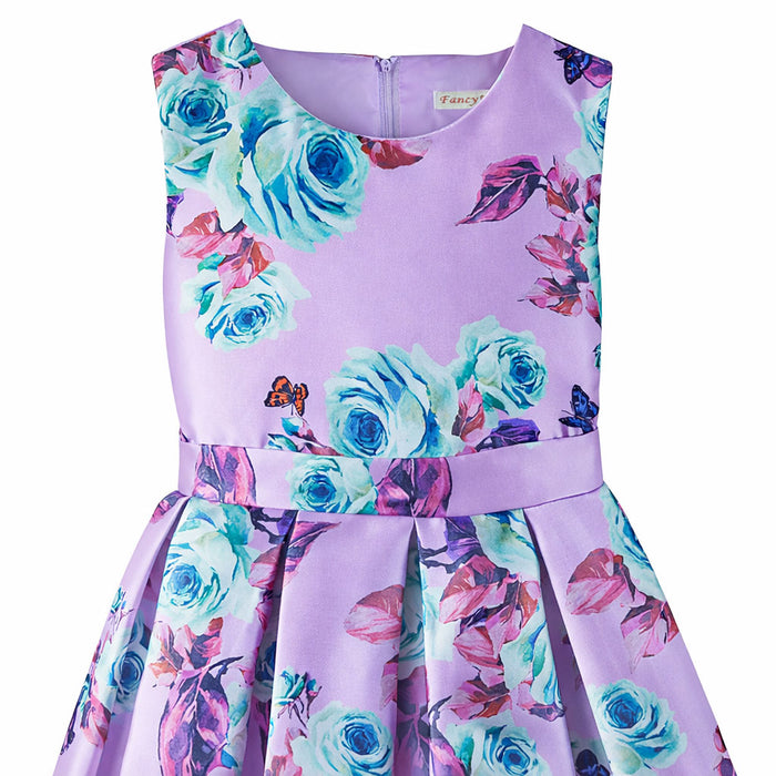 Lilac silky dress with blue rose and butterfly print displayed on a white background.