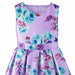 Lilac silky dress with blue rose and butterfly print displayed on a white background.