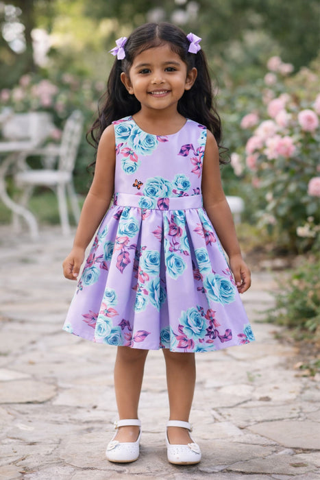 Roses Butterflies Silky Dress in lilac worn by a young girl outdoors with garden flowers.