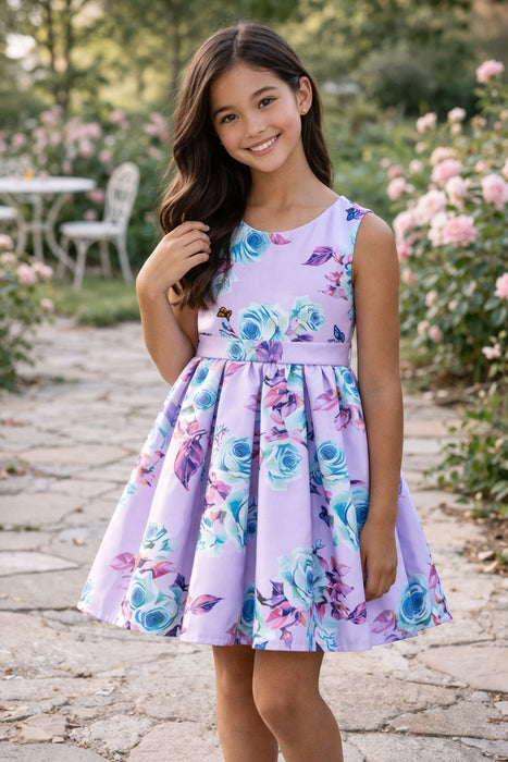 Lilac silky dress with blue and pink rose and butterfly print worn by a girl in a garden setting.