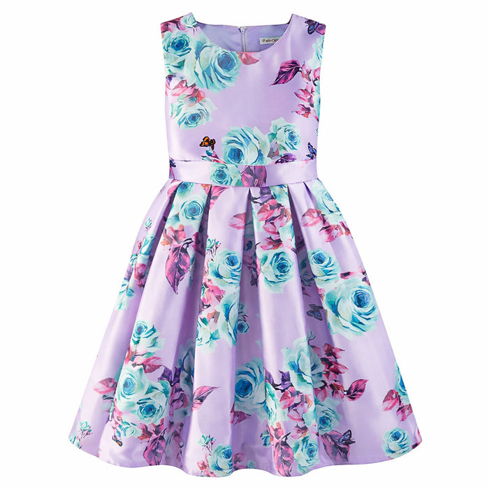 Lilac silky dress with blue roses and butterflies, displayed front-facing on a white background.