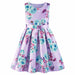Lilac silky dress with blue roses and butterflies, displayed front-facing on a white background.