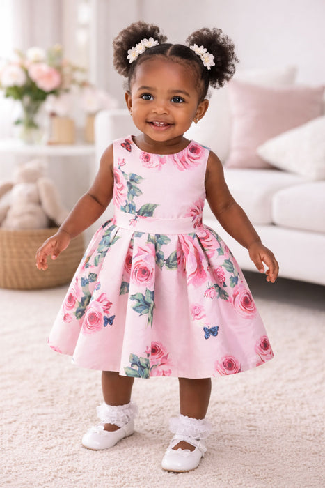 Roses & Butterflies Silky Dress shown on a smiling toddler girl standing in a cozy living room.