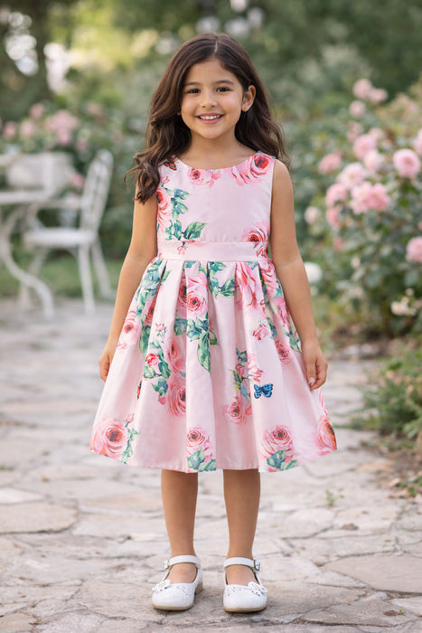 Girls pink silky dress with roses and butterflies, worn by a child outdoors in a garden setting.