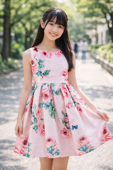 Pink roses and butterflies silky dress worn by a girl outdoors on a sunny day