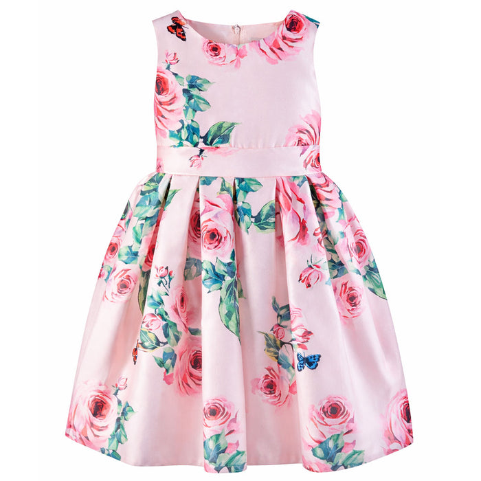 Pink silky dress with rose and butterfly print displayed on a plain white background.