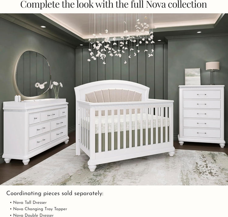 Modern nursery with white crib, dresser, and tall chest from the Nova baby furniture collection