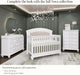 Modern nursery with white crib, dresser, and tall chest from the Nova baby furniture collection