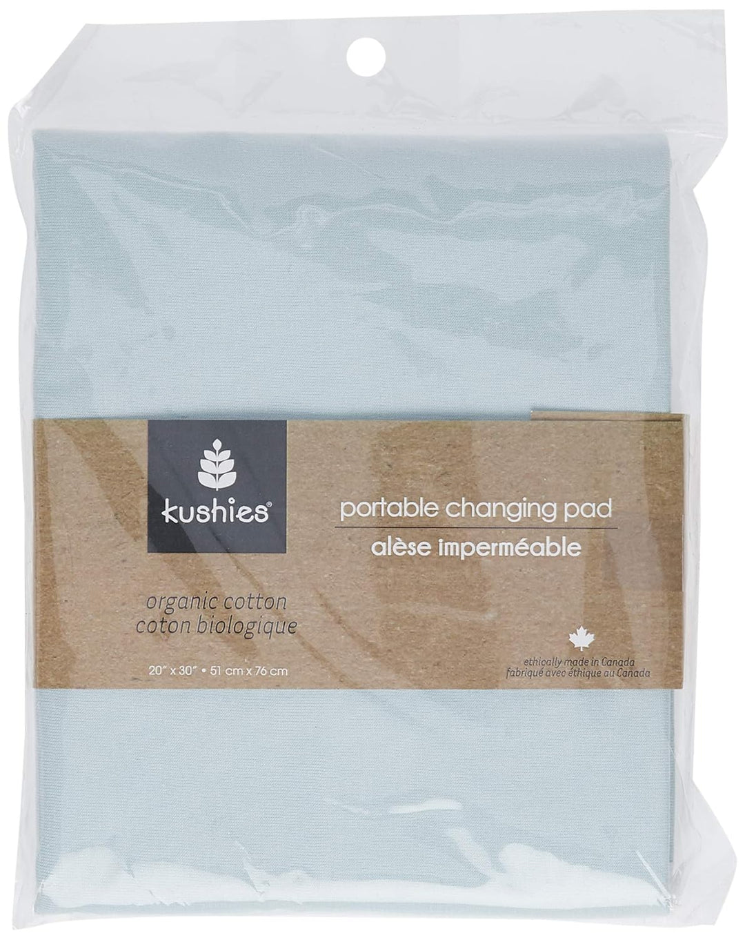 Organic cotton portable changing pad in light blue, packaged for baby and kids use