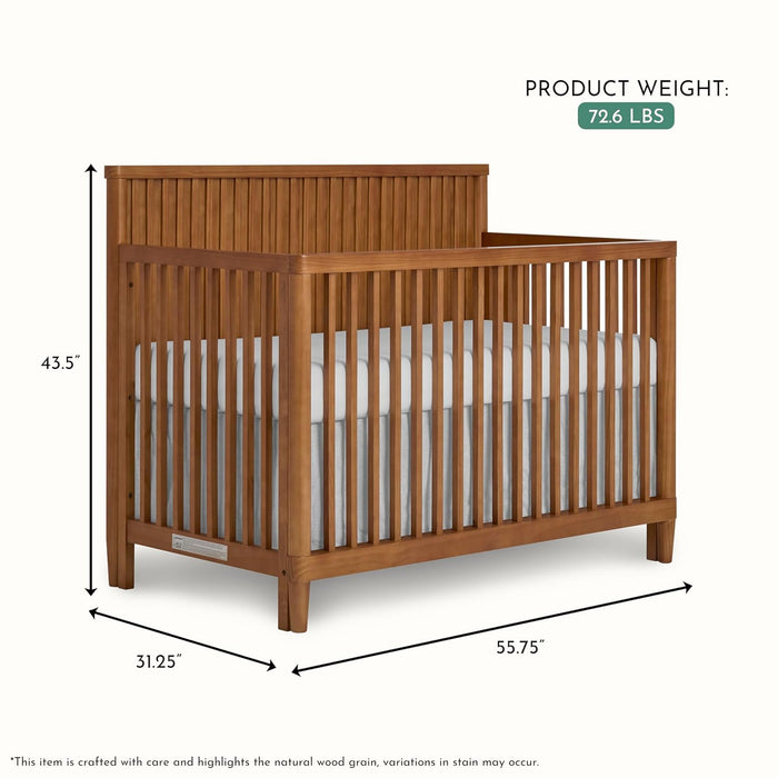 Natural wood baby crib with slatted sides, mattress, and product dimensions shown.